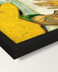 Madame Roulin and Her Baby framed print, corner close-up: black moulding, mitred, the print set just below its edge