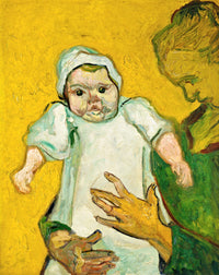 Madame Roulin and Her Baby by Vincent van Gogh: a baby in a white bonnet held up by her mother against a yellow ground