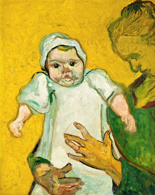 Madame Roulin and Her Baby by Vincent van Gogh: a baby in a white bonnet held up by her mother against a yellow ground