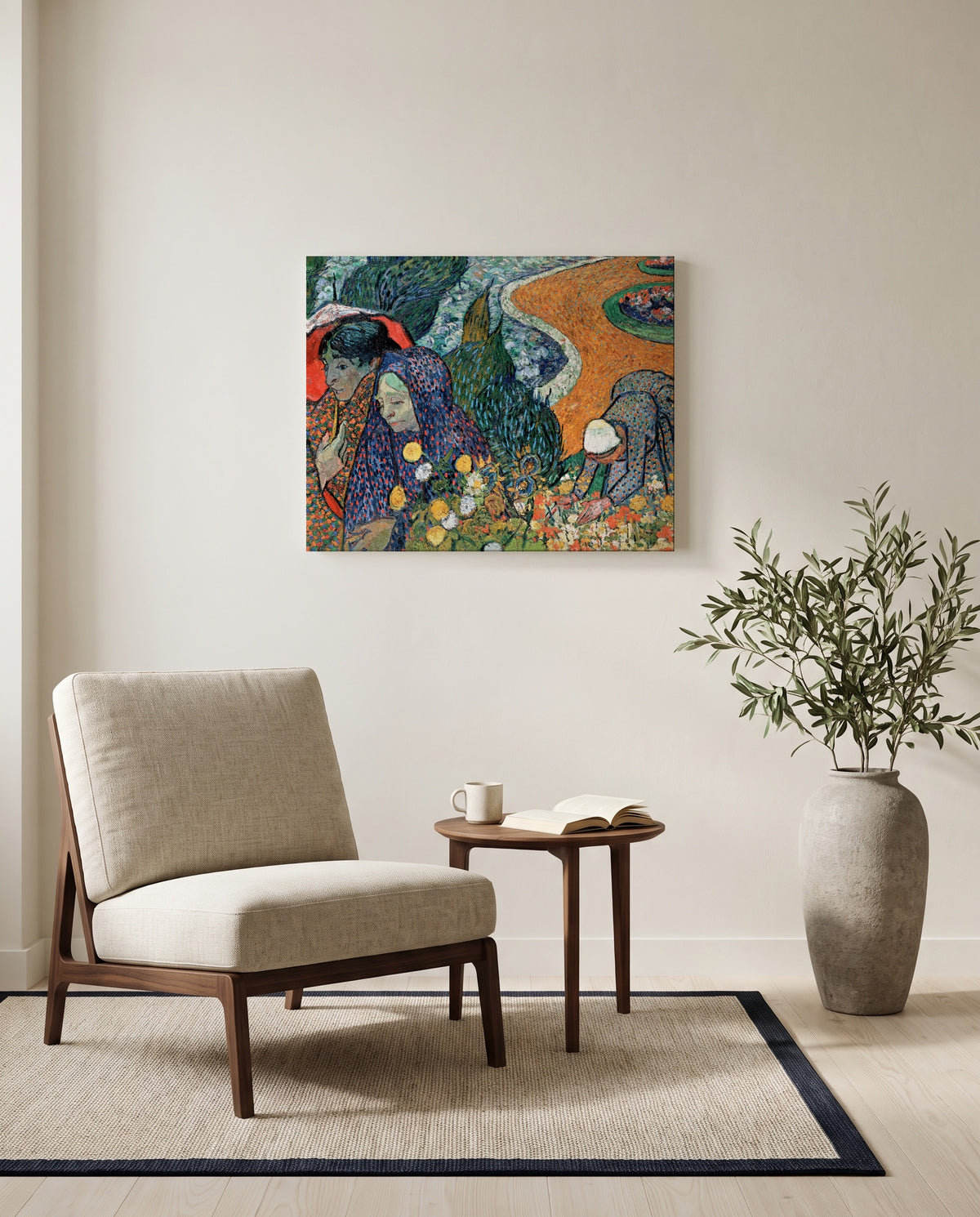 Memory of the Garden at Etten by Vincent van Gogh as a stretched canvas above a linen lounge chair in a reading corner