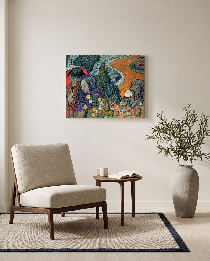 Memory of the Garden at Etten by Vincent van Gogh as a stretched canvas above a linen lounge chair in a reading corner