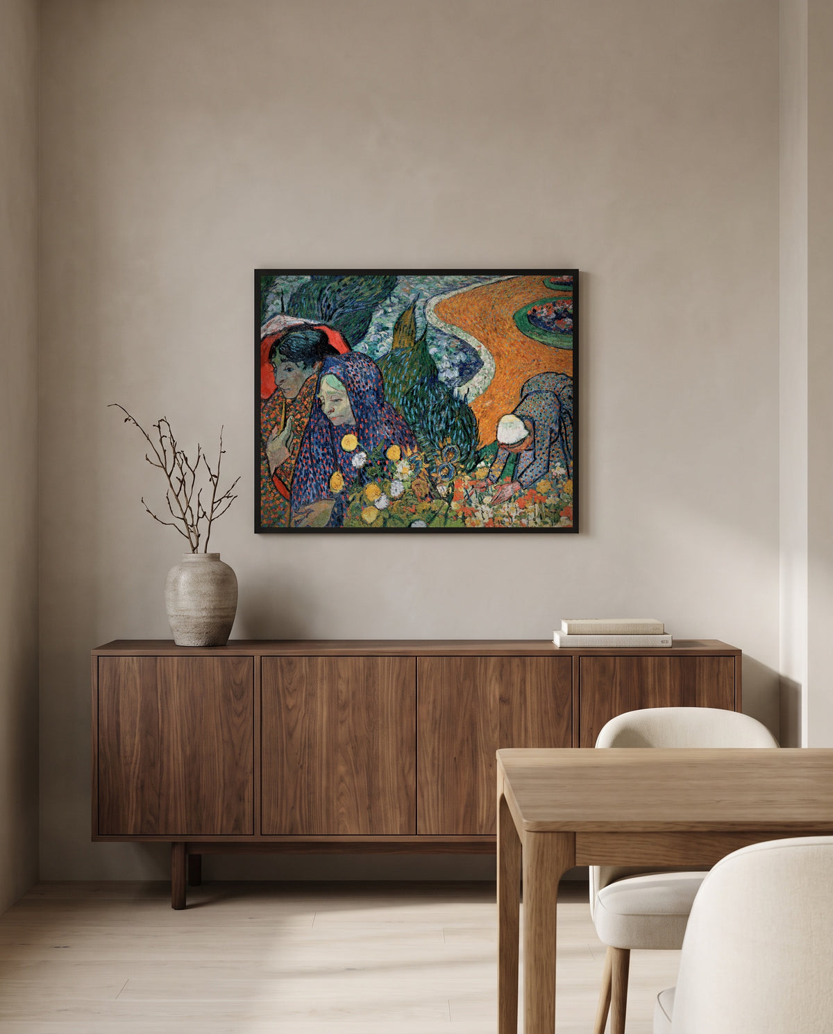 Memory of the Garden at Etten by Vincent van Gogh in a black frame above a walnut sideboard in a dining room