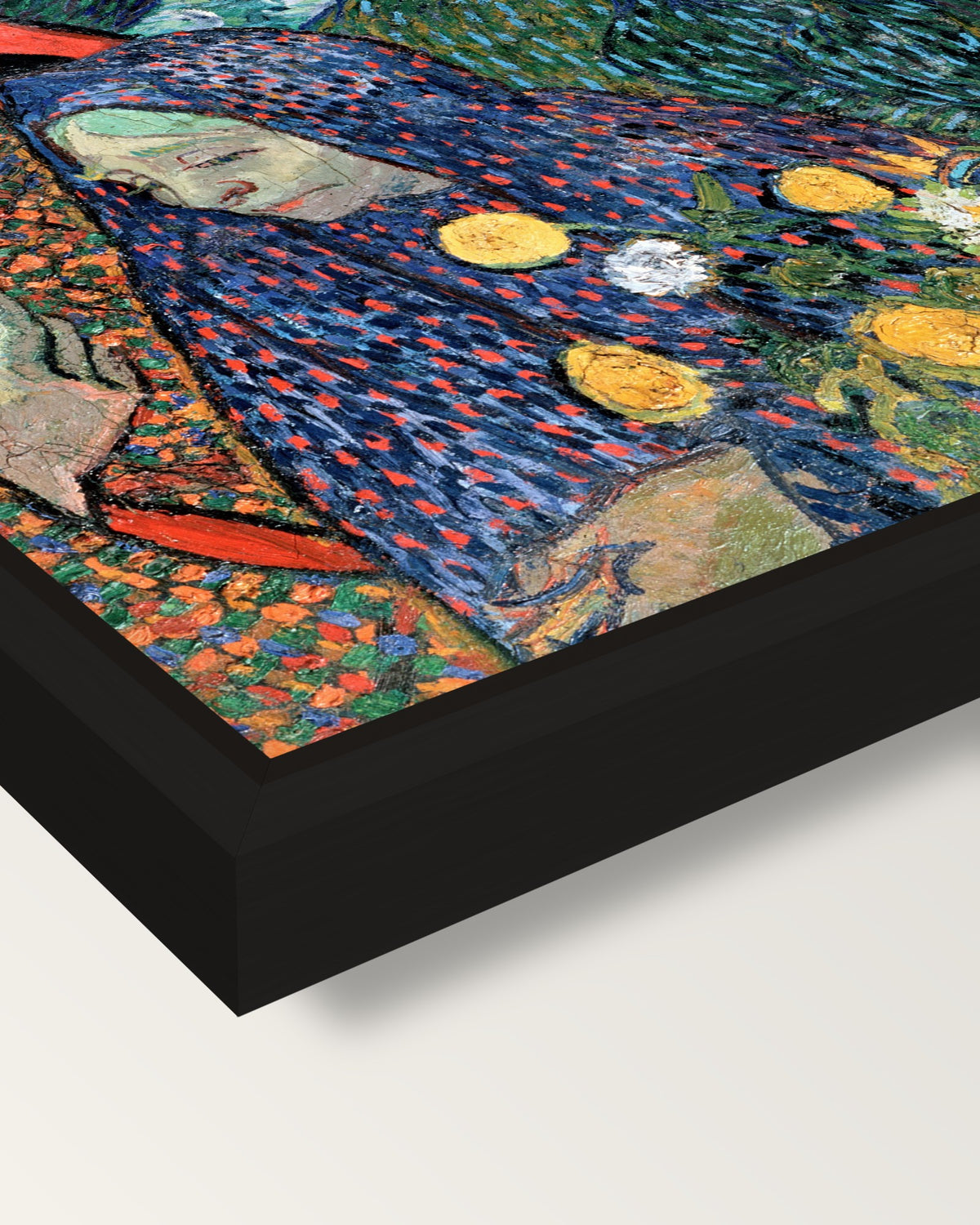 Memory of the Garden at Etten framed canvas, corner close-up: a black floating frame with a shadow gap round the canvas