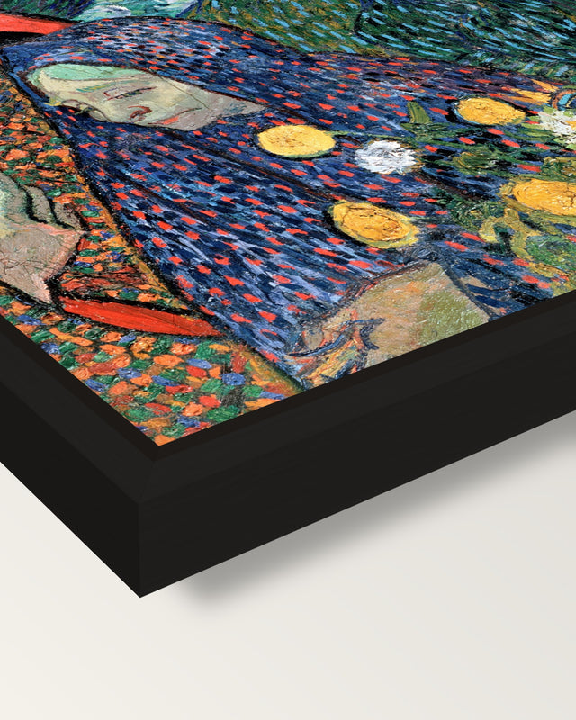 Memory of the Garden at Etten framed canvas, corner close-up: a black floating frame with a shadow gap round the canvas