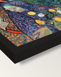 Memory of the Garden at Etten framed print, corner close-up: black moulding, mitred, the print set just below its edge