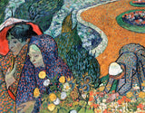 Memory of the Garden at Etten by Vincent van Gogh: two women in shawls walking by a winding path in a flower garden