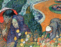 Memory of the Garden at Etten by Vincent van Gogh: two women in shawls walking by a winding path in a flower garden