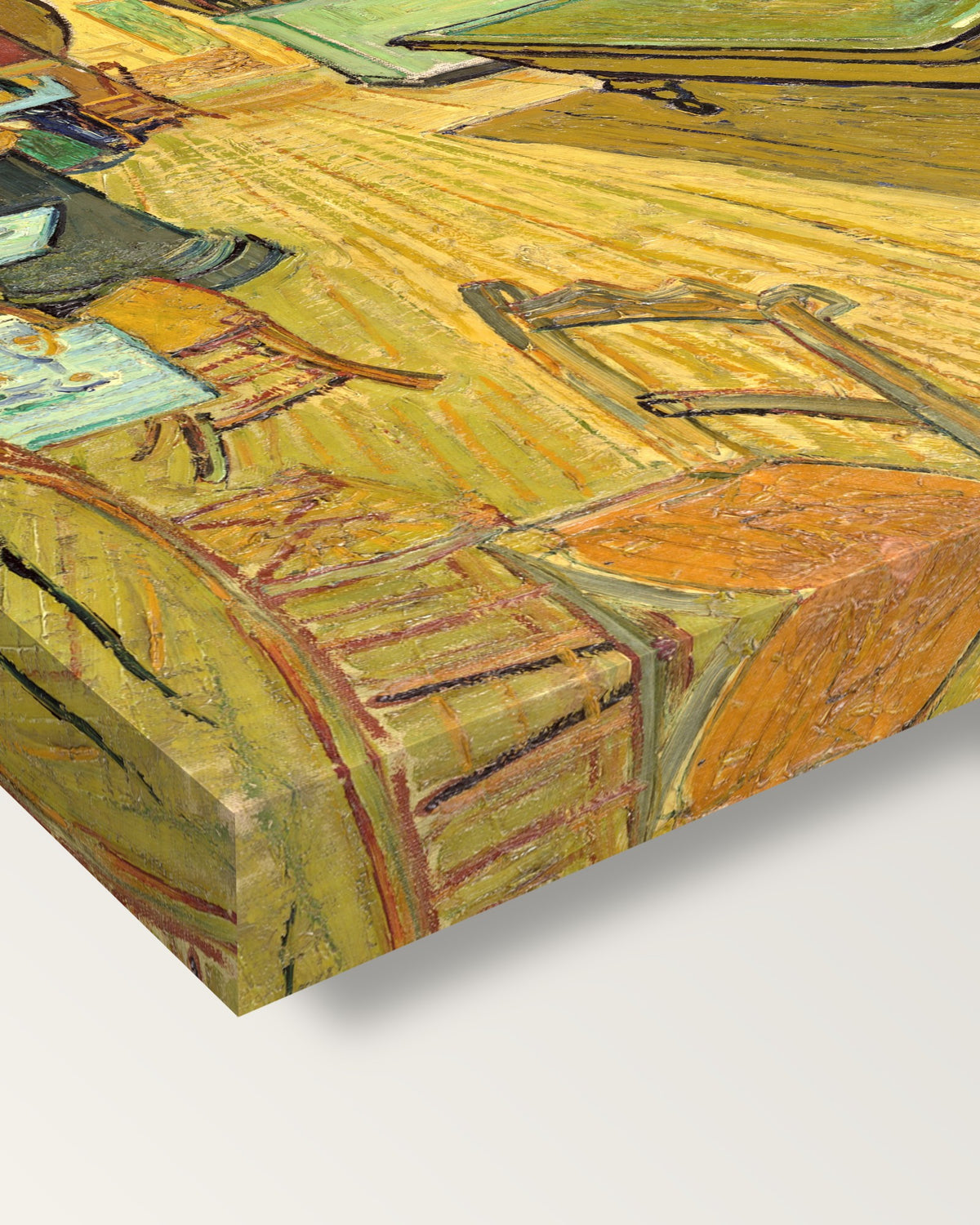 The Night Café by Vincent van Gogh on stretched canvas, corner close-up: the painting mirror-wrapped round the sides