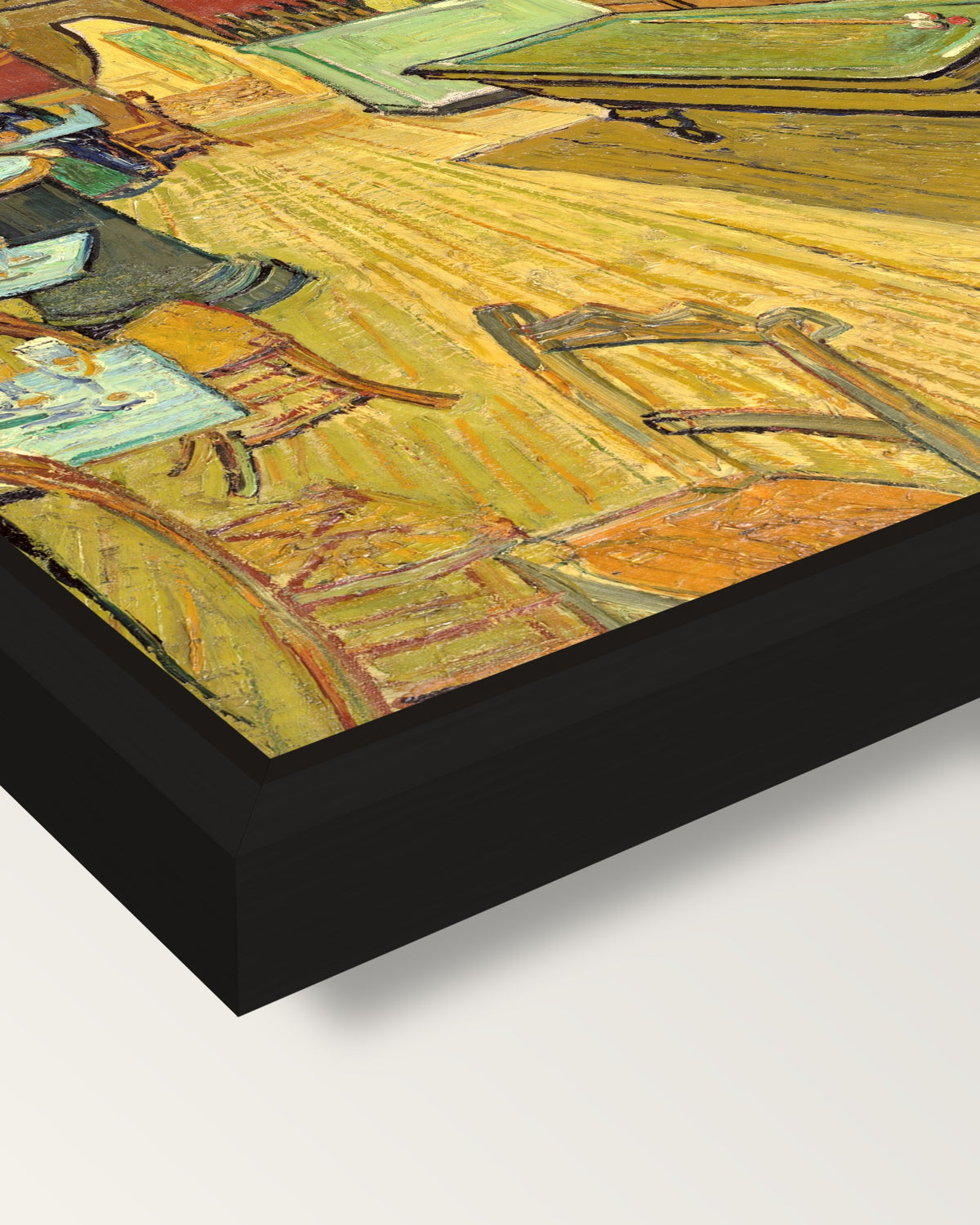 The Night Café by Vincent van Gogh framed canvas, corner close-up: a black floating frame with a shadow gap round the canvas