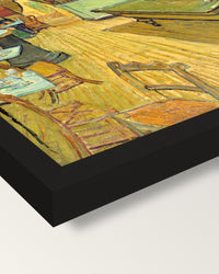 The Night Café by Vincent van Gogh framed print, corner close-up: black moulding, mitred, the print set just below its edge