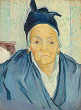 An Old Woman of Arles by Vincent van Gogh: an old woman in a dark cap and blue shawl, her face lined and pale