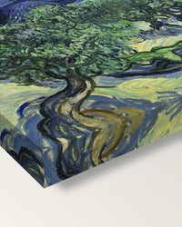 The Olive Trees by Vincent van Gogh on stretched canvas, corner close-up: the painting mirror-wrapped round the sides