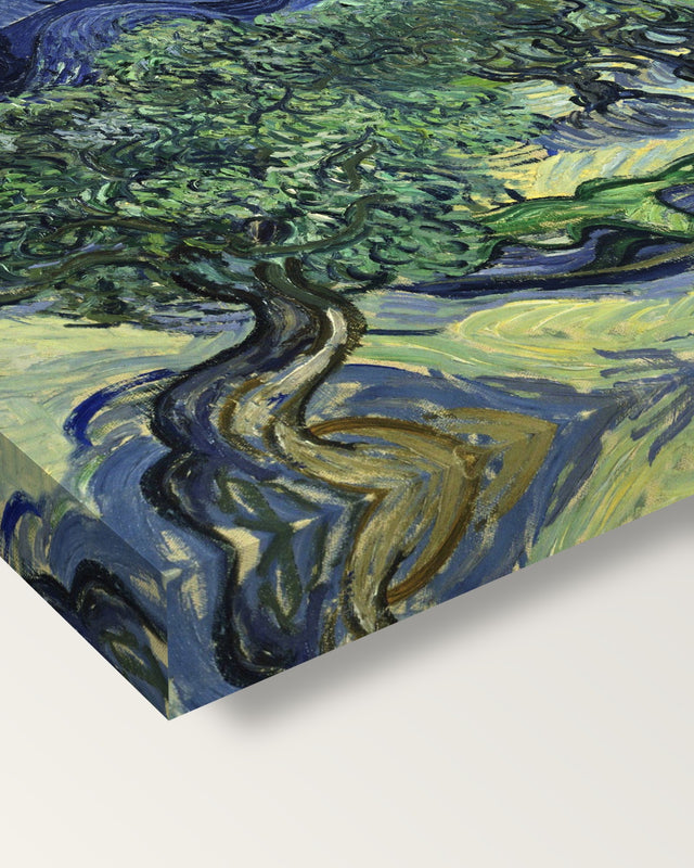 The Olive Trees by Vincent van Gogh on stretched canvas, corner close-up: the painting mirror-wrapped round the sides