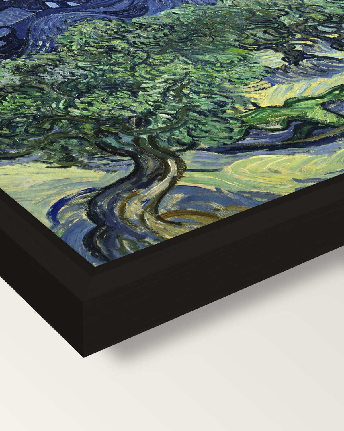 The Olive Trees by Vincent van Gogh framed canvas, corner close-up: a black floating frame with a shadow gap round the canvas