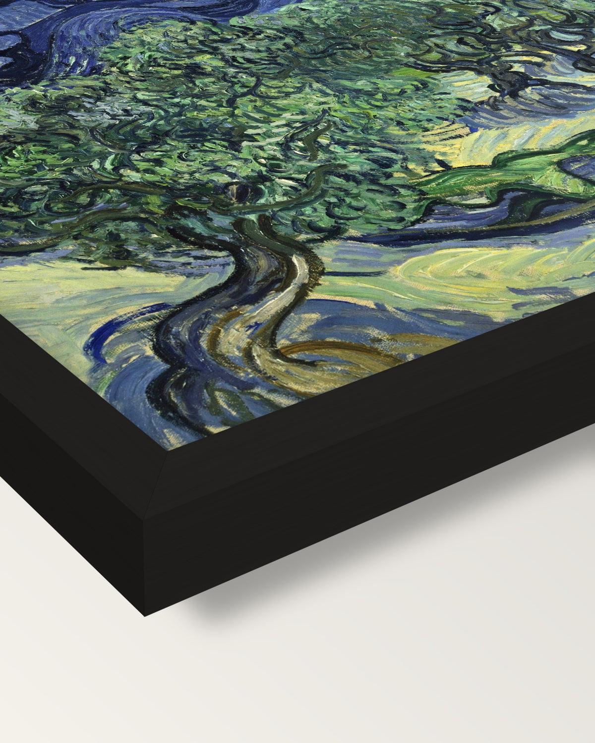 The Olive Trees by Vincent van Gogh framed print, corner close-up: black moulding, mitred, the print set just below its edge