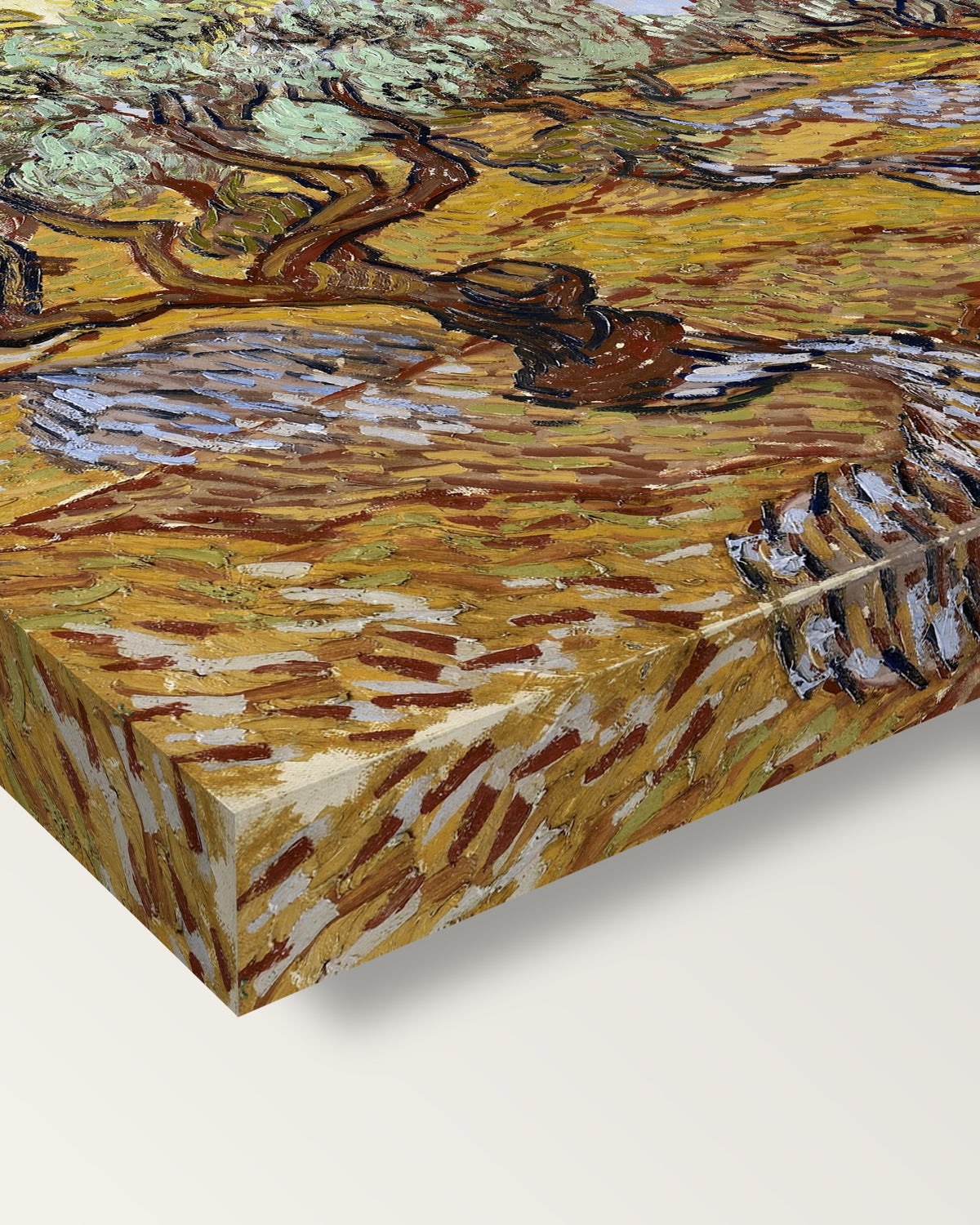 Olive Trees with Yellow Sky by van Gogh on stretched canvas, corner close-up: the painting mirror-wrapped round the sides