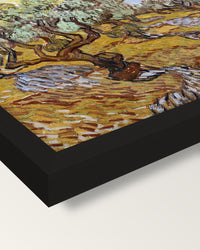 Olive Trees with Yellow Sky framed print, corner close-up: black moulding, mitred, the print set just below its edge