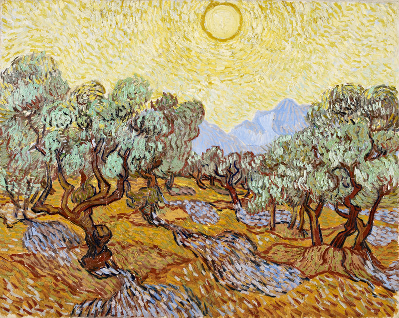 Olive Trees with Yellow Sky and Sun by Vincent van Gogh: twisting olive trees under a yellow sky with a pale sun, blue hills