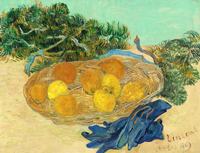 Oranges and Lemons with Blue Gloves by Vincent van Gogh: a basket of oranges and lemons beside blue gloves