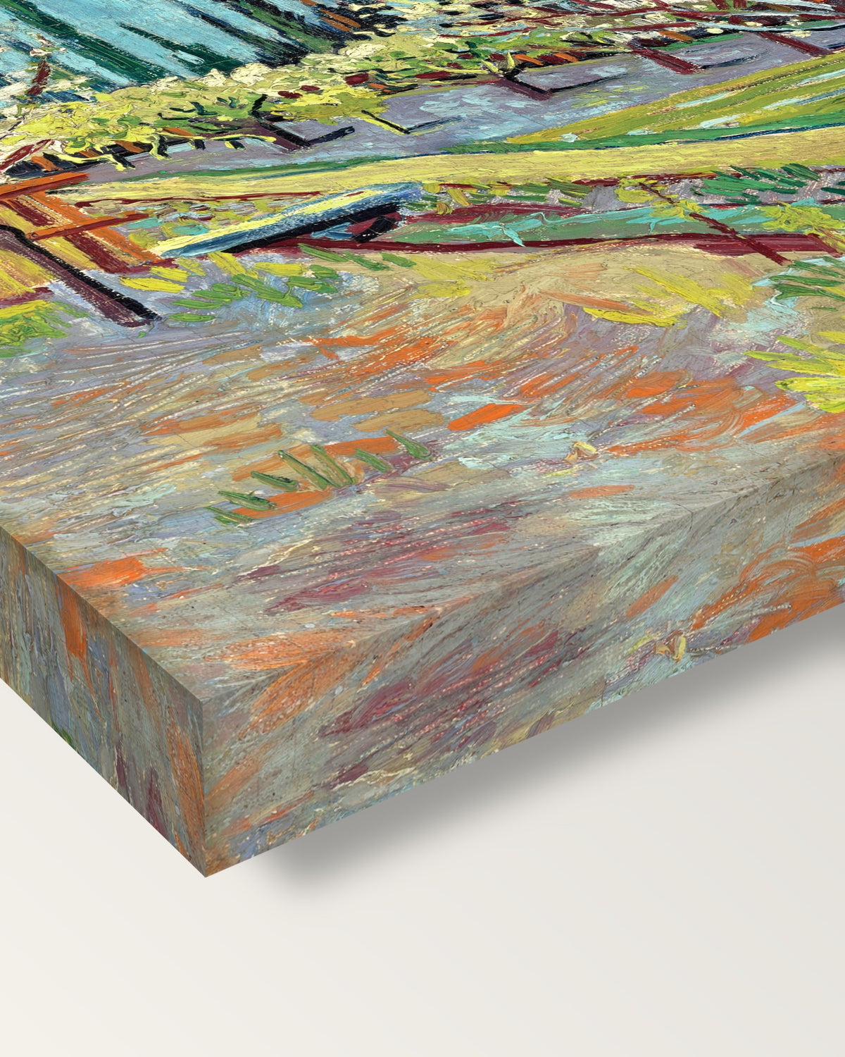 Orchard Bordered by Cypresses by van Gogh on stretched canvas, corner close-up: the painting mirror-wrapped round the sides