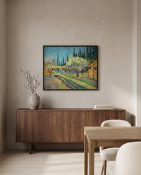 Orchard Bordered by Cypresses by Vincent van Gogh in a black frame above a walnut sideboard in a dining room