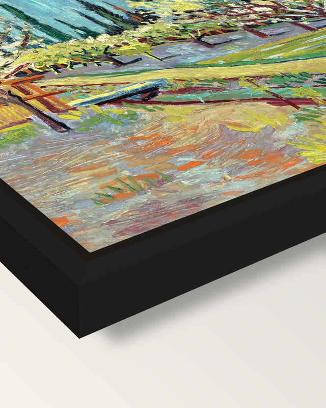 Orchard Bordered by Cypresses framed canvas, corner close-up: a black floating frame with a shadow gap round the canvas