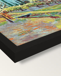 Orchard Bordered by Cypresses framed print, corner close-up: black moulding, mitred, the print set just below its edge
