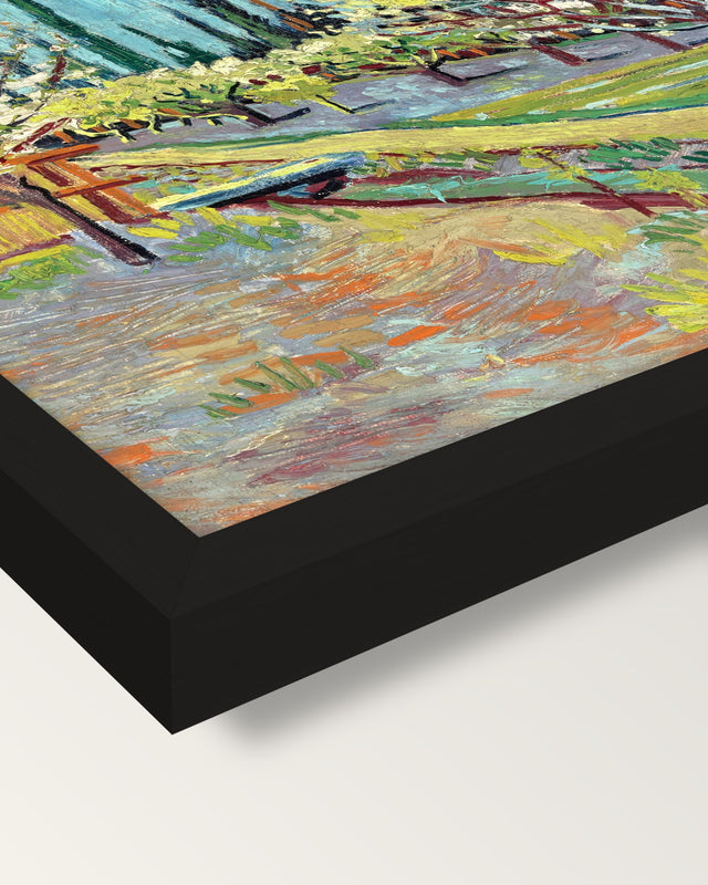 Orchard Bordered by Cypresses framed print, corner close-up: black moulding, mitred, the print set just below its edge