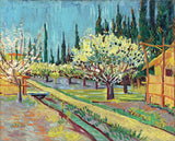 Orchard Bordered by Cypresses by Vincent van Gogh: blossoming trees behind reed fences with a wall of dark cypresses