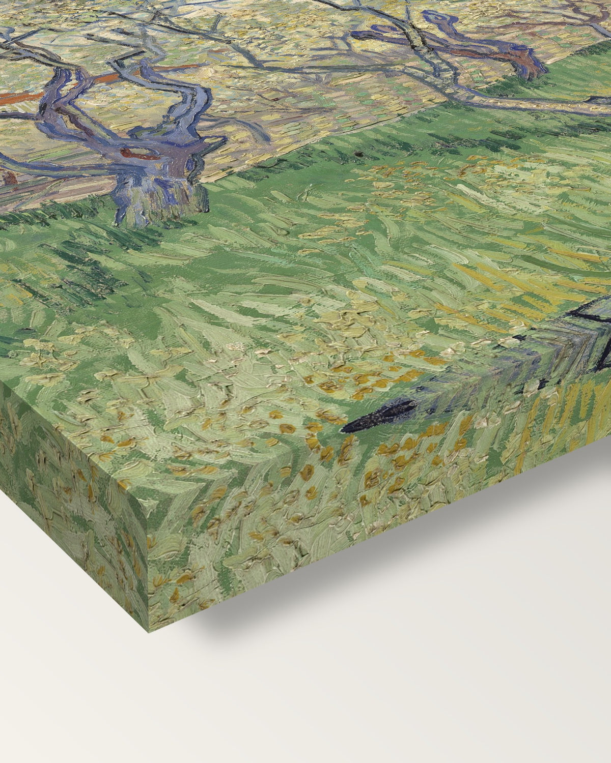 Orchard in Blossom, 1889 by van Gogh on stretched canvas, corner close-up: the painting mirror-wrapped round the sides