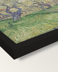 Orchard in Blossom, 1889 by van Gogh framed print, corner close-up: black moulding, mitred, the print set just below its edge