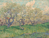 Orchard in Blossom by Vincent van Gogh, 1889: twisted trees in pale blossom over bright green grass, cloudy sky