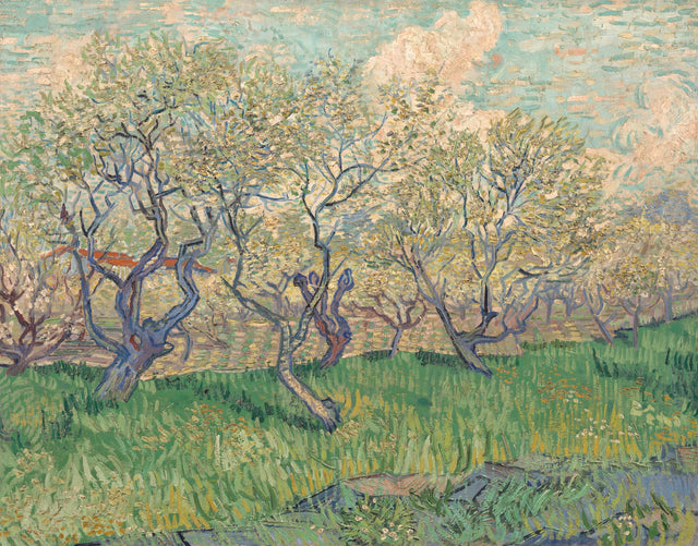 Orchard in Blossom by Vincent van Gogh, 1889: twisted trees in pale blossom over bright green grass, cloudy sky