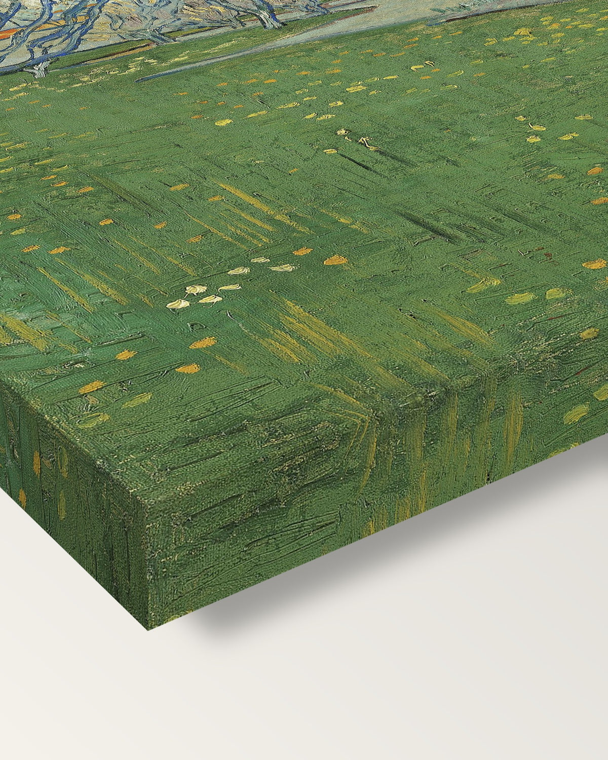 Orchards in Blossom, Arles by van Gogh on stretched canvas, corner close-up: the painting mirror-wrapped round the sides