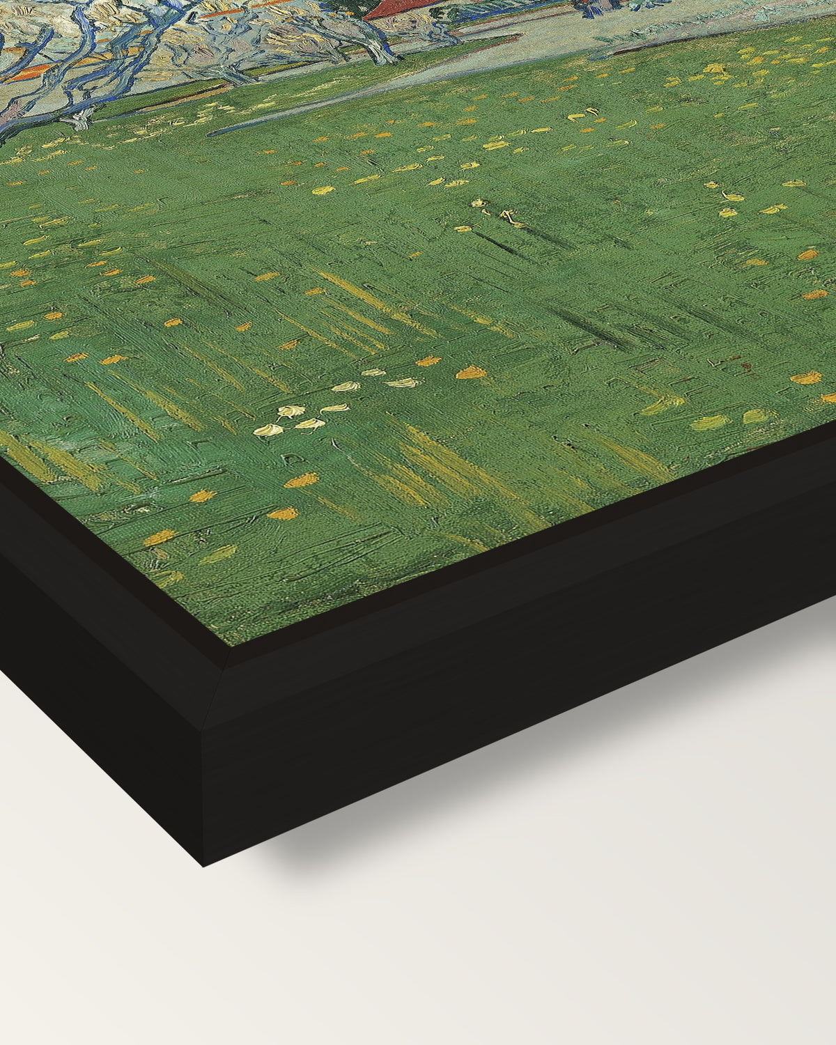 Orchards in Blossom, Arles framed canvas, corner close-up: a black floating frame with a shadow gap round the canvas