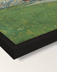 Orchards in Blossom, Arles framed canvas, corner close-up: a black floating frame with a shadow gap round the canvas