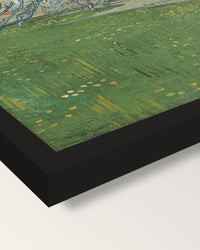 Orchards in Blossom, Arles framed print, corner close-up: black moulding, mitred, the print set just below its edge