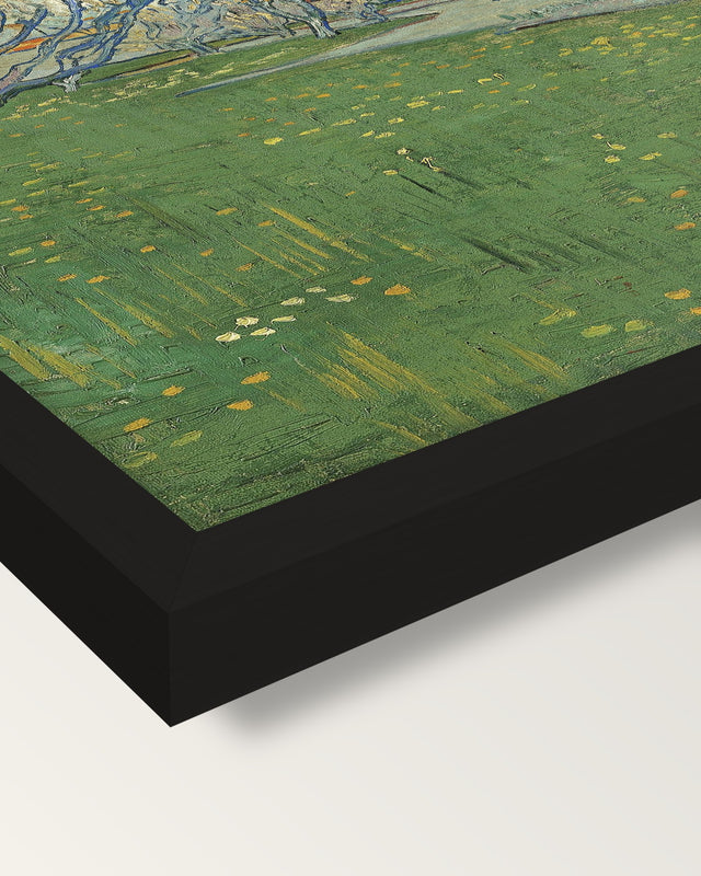 Orchards in Blossom, Arles framed print, corner close-up: black moulding, mitred, the print set just below its edge