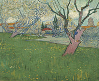 Orchards in Blossom by Vincent van Gogh: pink-trunked fruit trees in a green meadow with yellow flowers, Arles beyond