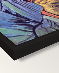 Patience Escalier by van Gogh framed canvas, corner close-up: a black floating frame with a shadow gap round the canvas
