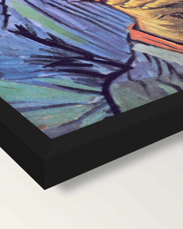 Patience Escalier by van Gogh framed print, corner close-up: black moulding, mitred, the print set just below its edge
