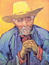 Patience Escalier by Vincent van Gogh: an old peasant in a straw hat and blue smock, hands on a stick, on orange