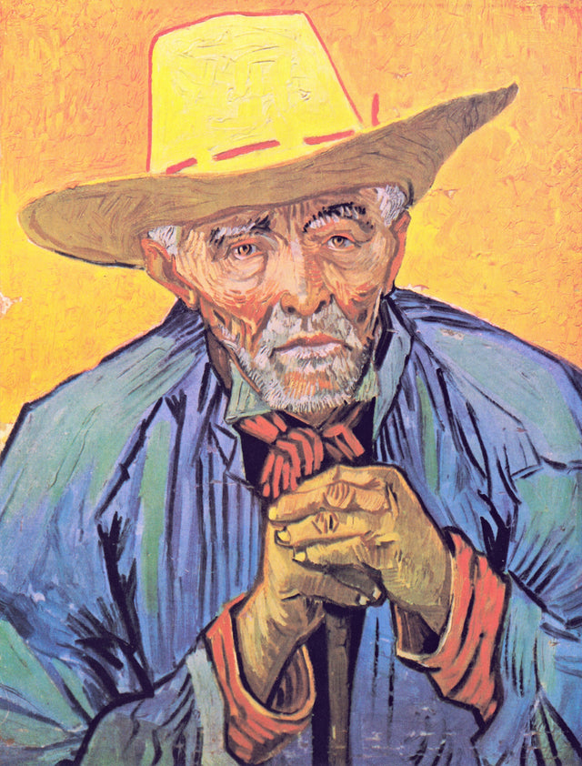 Patience Escalier by Vincent van Gogh: an old peasant in a straw hat and blue smock, hands on a stick, on orange