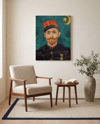 Paul-Eugène Milliet by Vincent van Gogh as a stretched canvas above a linen lounge chair in a reading corner
