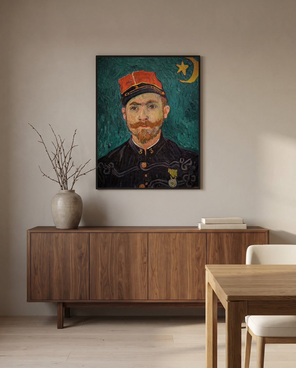 Paul-Eugène Milliet by Vincent van Gogh in a black frame above a walnut sideboard in a dining room