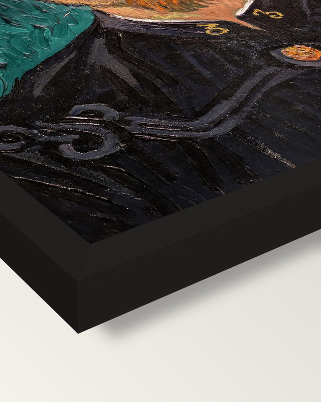 Paul-Eugène Milliet by van Gogh framed print, corner close-up: black moulding, mitred, the print set just below its edge