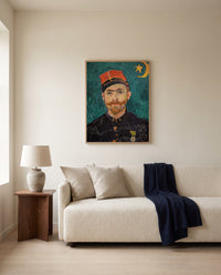 Paul-Eugène Milliet by Vincent van Gogh framed in natural oak above a cream sofa in a warm living room