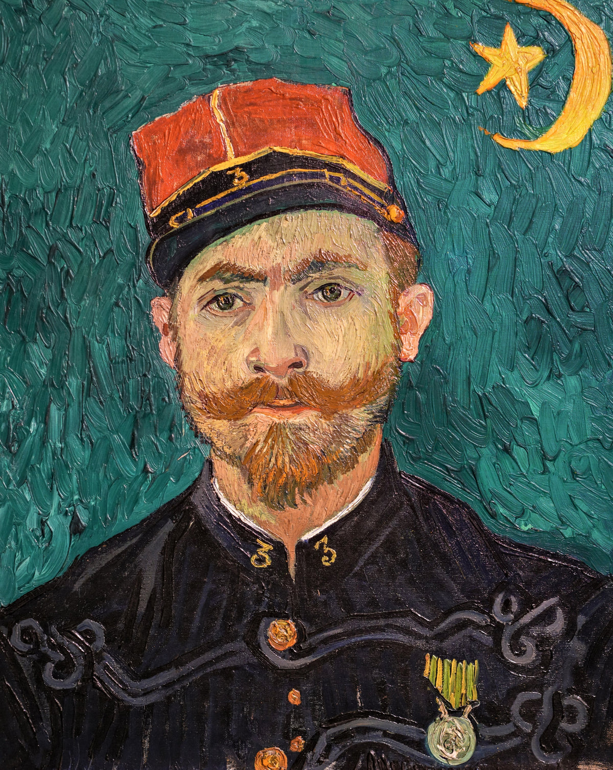 Paul-Eugène Milliet by Vincent van Gogh: a moustached officer in a red cap and black jacket, crescent and star behind