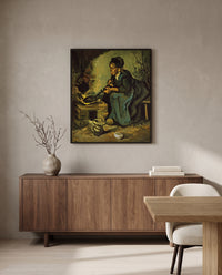 Peasant Woman Cooking by Vincent van Gogh in a black frame above a walnut sideboard in a dining room