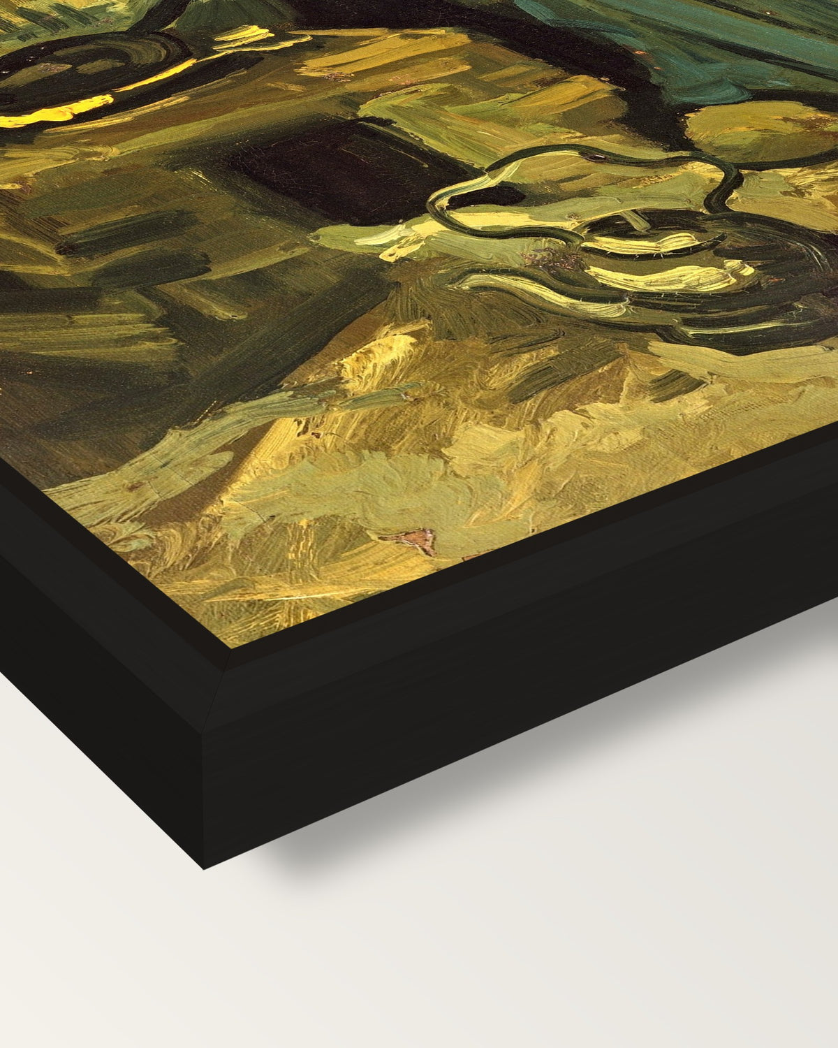 Peasant Woman Cooking by van Gogh framed canvas, corner close-up: a black floating frame with a shadow gap round the canvas